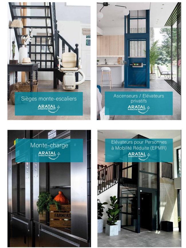 2024 nos catalogues produits Aratal AAM : sièges monte-escaliers, EPMR, ascenseurs privatifs et monte-charge en pdf